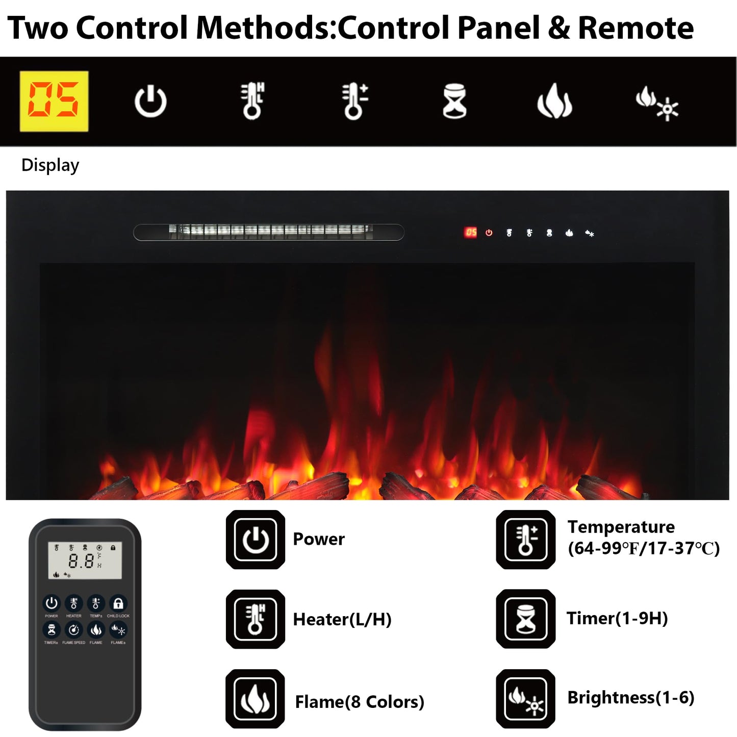 Oxhark Flame 28 in Wall Mounted & Recessed Electric Fireplace Inserts, Electric Fireplace Heater with Remote Control, 6 Levels Brightness, 9H Timer, Black, 1500W/750W