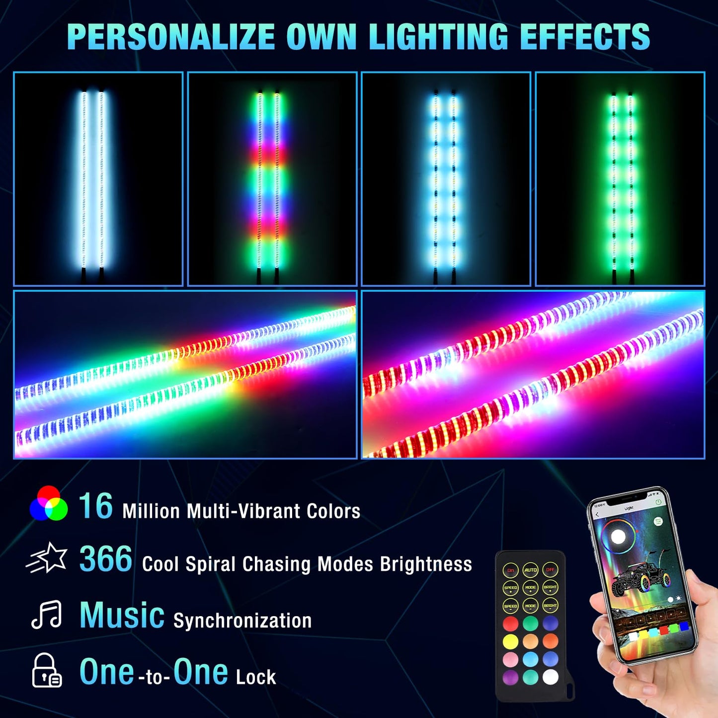 Uemicip 2PCS 4FT COB UTV Whip Lights,2024 New Upgrade Superbright LED Whip Lights,RGB Chasing Lights Whip Lights for Side by Side, Lighted Whip fit for UTV ATV RZR SXS Can-Am Polaris