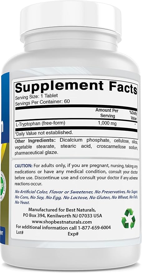 Best Naturals L-Tryptophan 1000 mg 60 Tablets (60 Count (Pack of 3))