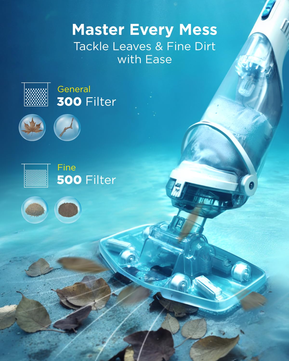 InoKraft Cordless Pool Vacuum Cleaner, Rechargeable, Handheld Pool Vacuum for Above Ground and Inground Pools, Transparent Head, 59” Extendable Pole, for Leaves, Debris, Shallow Steps, Blue