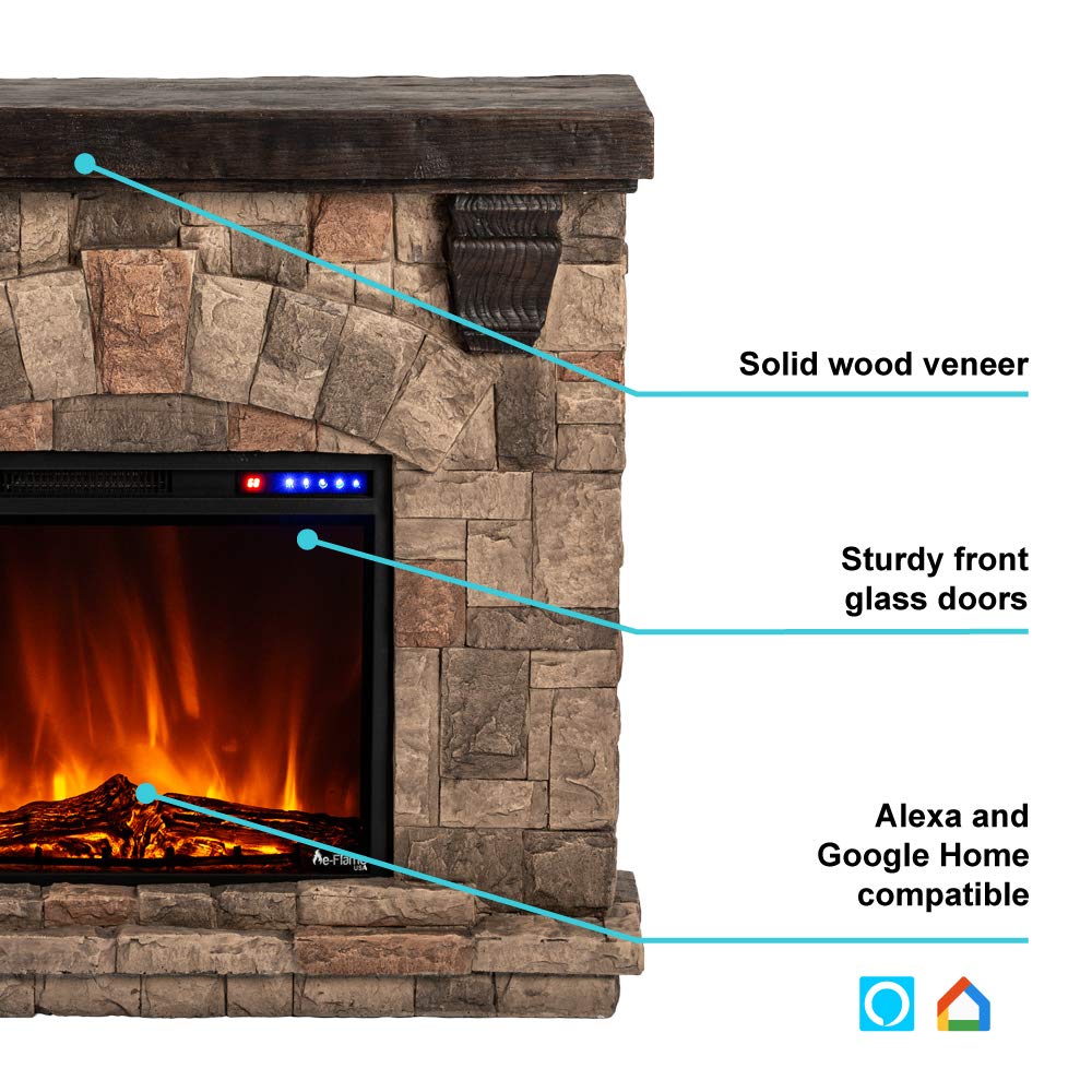 e-Flame USA Kodiak LED Electric Fireplace Stove - Faux Wood and Stone Mantel - Remote - 3D Log and Fire