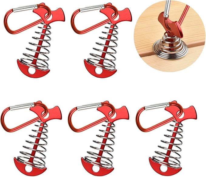 5 PCS Fishbone Deck Anchor Pegs, Red Deck Furniture Anchors, Deck peg with Spring Buckle, 2.9 Inch x 1.4 Inch Adjustable Anchor Deck pegs, Tent Deck Anchors for Camping Hiking Supplies