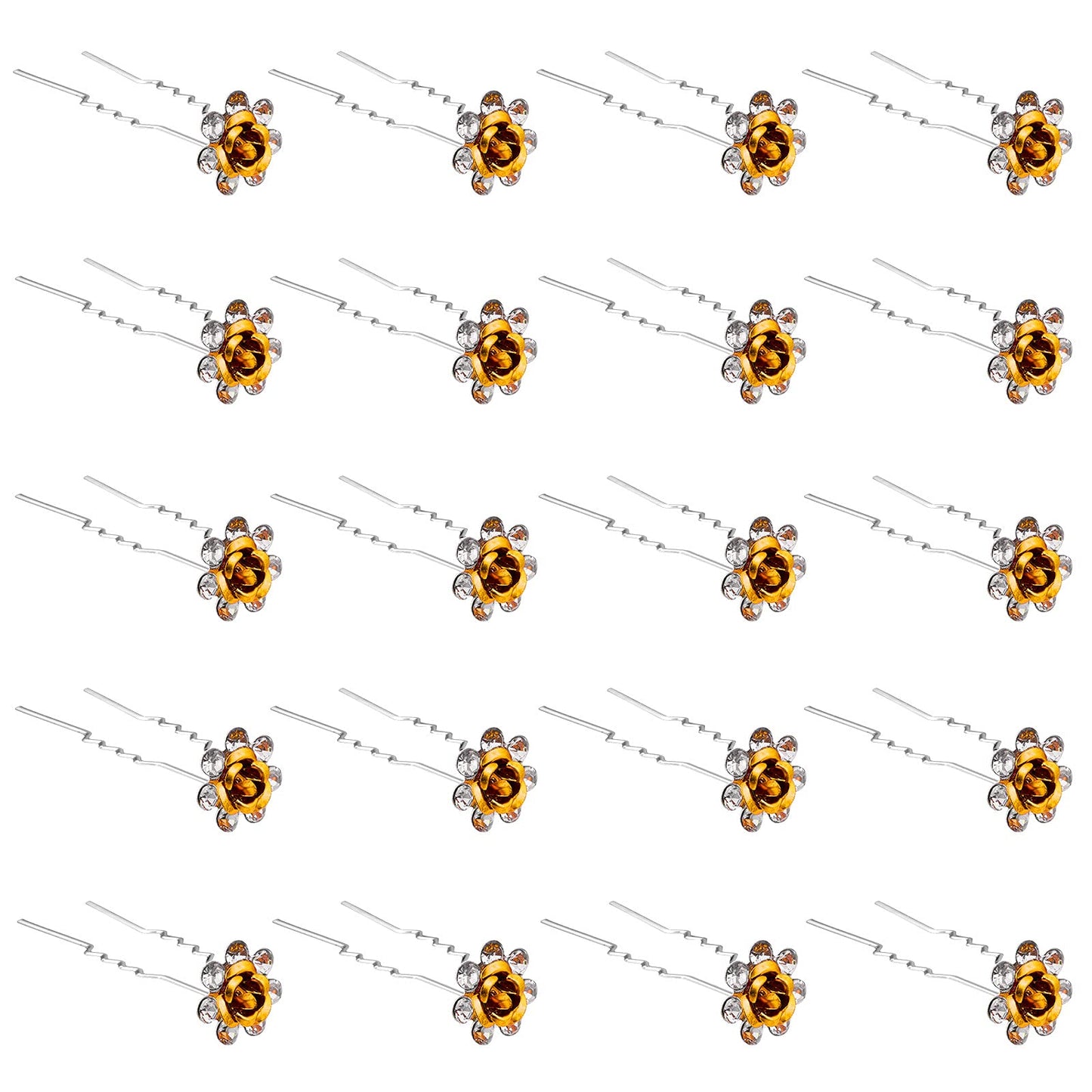 QIUTIMIY 20 Pack (Yellow) Crystal Hair Pins Rose Flower Rhinestone Hair Clips for Bridal Wedding Women Hair Jewelry Accessories, with Clear Container