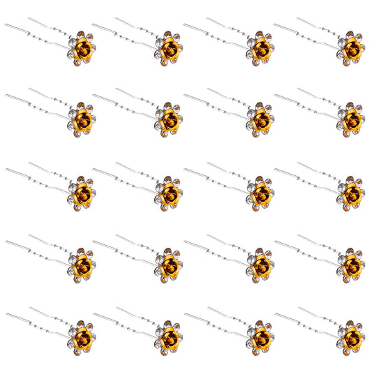 QIUTIMIY 20 Pack (Yellow) Crystal Hair Pins Rose Flower Rhinestone Hair Clips for Bridal Wedding Women Hair Jewelry Accessories, with Clear Container