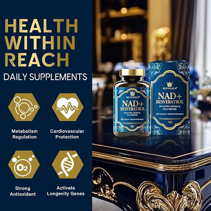 BLUEGALA NAD+ Supplement 1500mg, with 99% Pure Resveratrol 250mg and Vitamin B3 150mg, Boosts Cellular Energy, Supports Healthy Aging & DNA Repair, Non-GMO, Vegan, 120 Capsules
