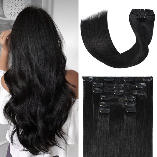 UGOTRAYS Black Hair Extensions Clip in Real Human Hair 70g 12 Inches 100% Remy Human Hair Natural Black Straight Double Weft for Full Head 7pcs 16clips One Pack