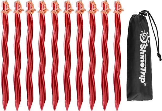 TRIWONDER Tent Stakes Heavy Duty Metal Ground Pegs Camping Stake Tarp Anchors Tent Spikes Aluminum Outdoor Sand Garden Camping Accessories for Beach (Red - Swirled Shape - 9.84 Inches - 10 Pack)