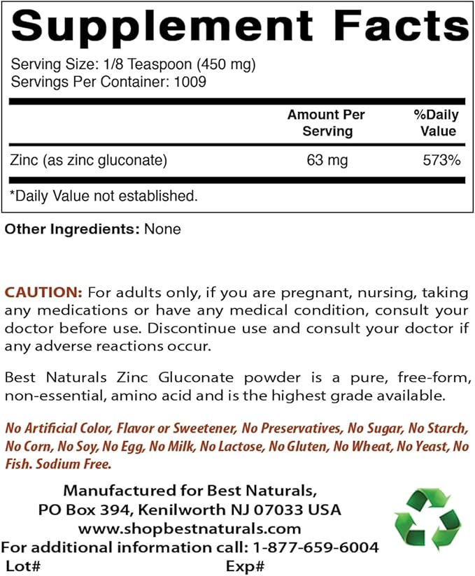 Best Naturals Zinc Gluconate Pure Powder 1 Pound