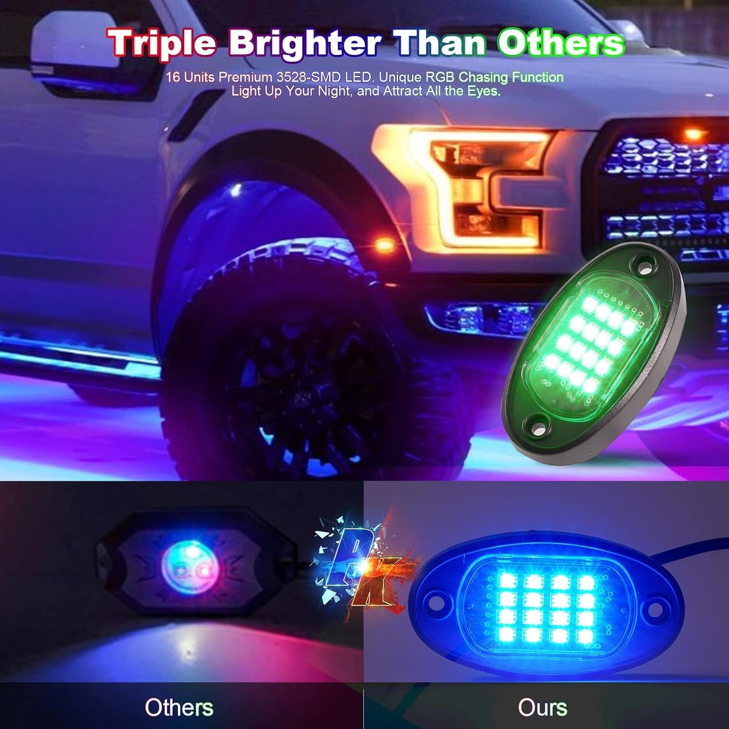 20 Pods RGB LED Rock Lights for Semi Trucks Offroad Pickup Trailer Sedan Boat, 12V Waterproof Dual Zone APP/RF Control Music Mode Brake Light Red Green Blue Underglow Neon Kit with Extension Wires
