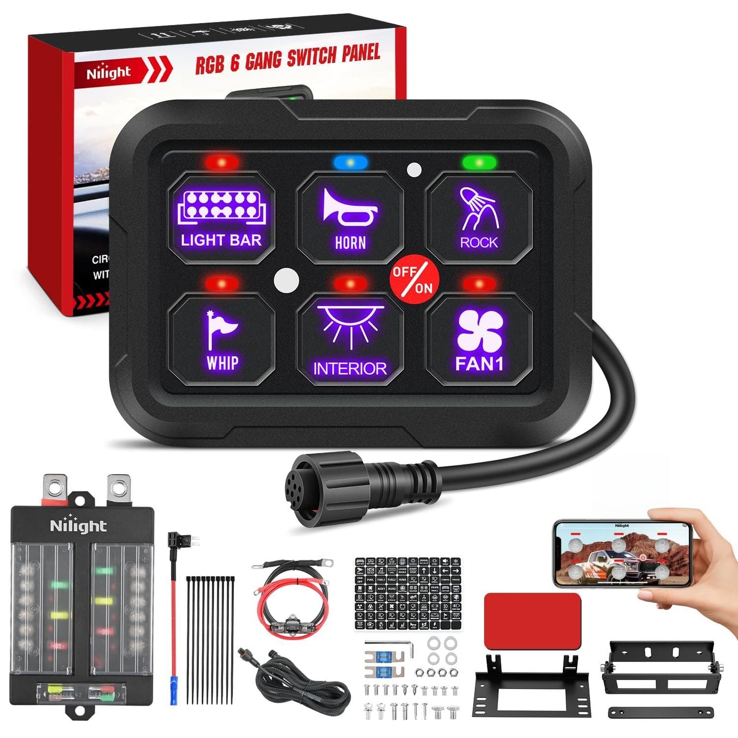 Nilight 6 Gang Switch Panel 12V 24V Universal Circuit Control Relay System with RGB Backlight APP Fuse Wiring Harness Automatic Dimmable ON Off LED Switches Pod for Car Pickup Truck Camper SUV