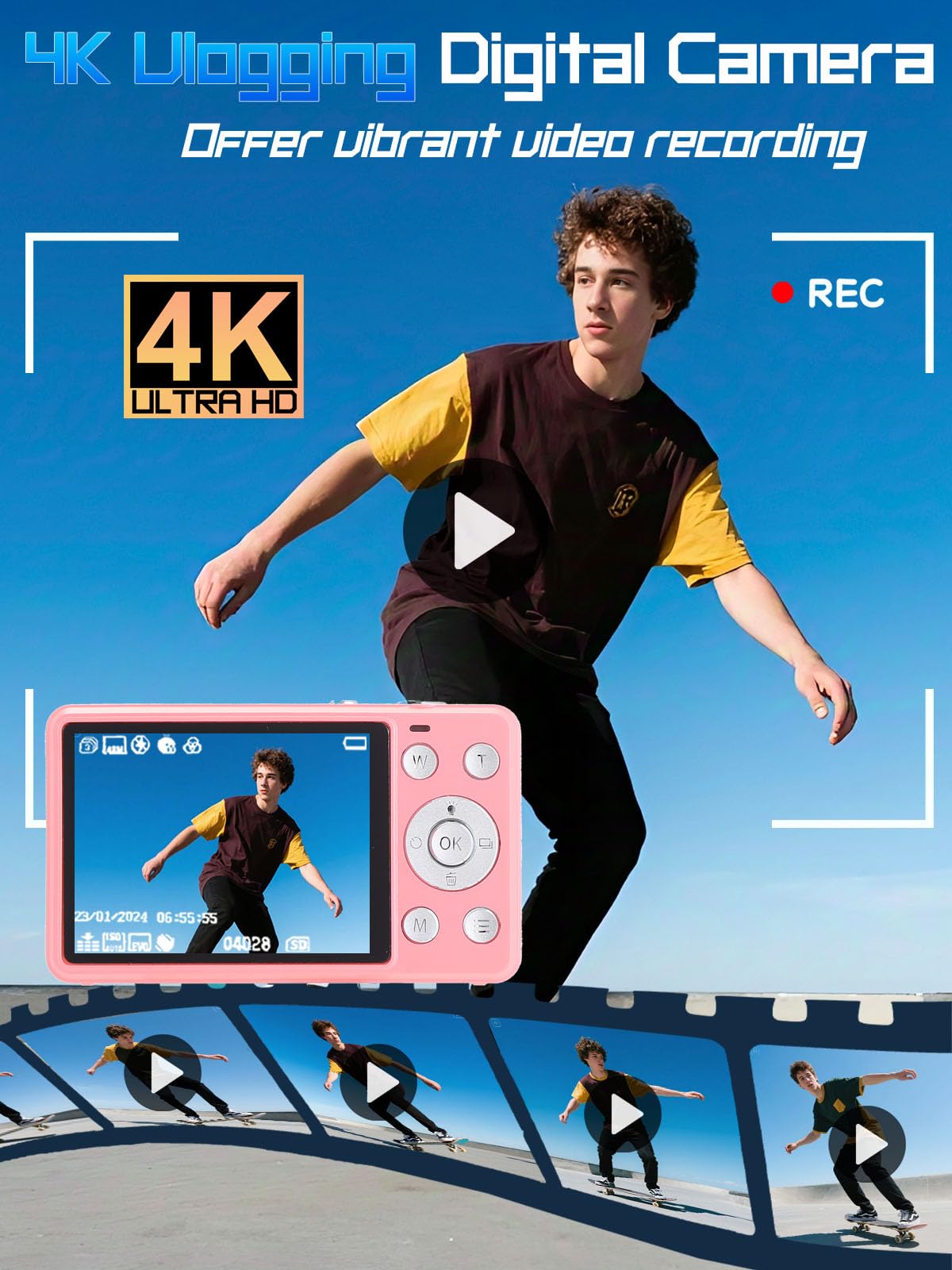 AIRSMIL Digital Camera 4K 64MP 18X Zoom Compact Vlogging Camera with 2.8 inch Screen, 64GB microSD Card 1500mAh Battery HD Digital Video Camera for Boys, Girls, Teens, and Beginners(4K Camera Pink)