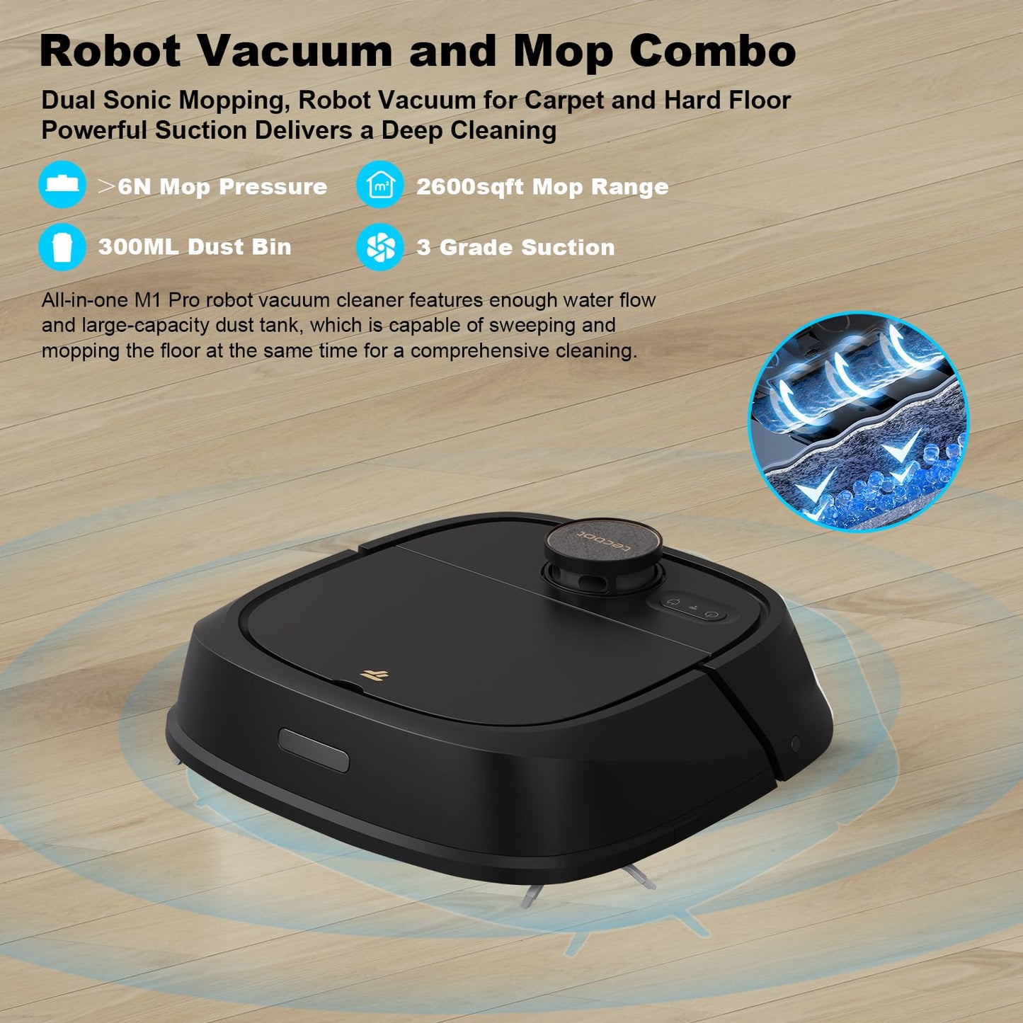 TECBOT Robotic Vacuum Cleaner and mop, with Laser LiDAR Navigation, 150Mins Max, Self-Charging, Robotic Vacuum and Mop for Home Without Cleaning Mop Base,Idea for Pet Hair, Carpet, Hard Floor (Black)