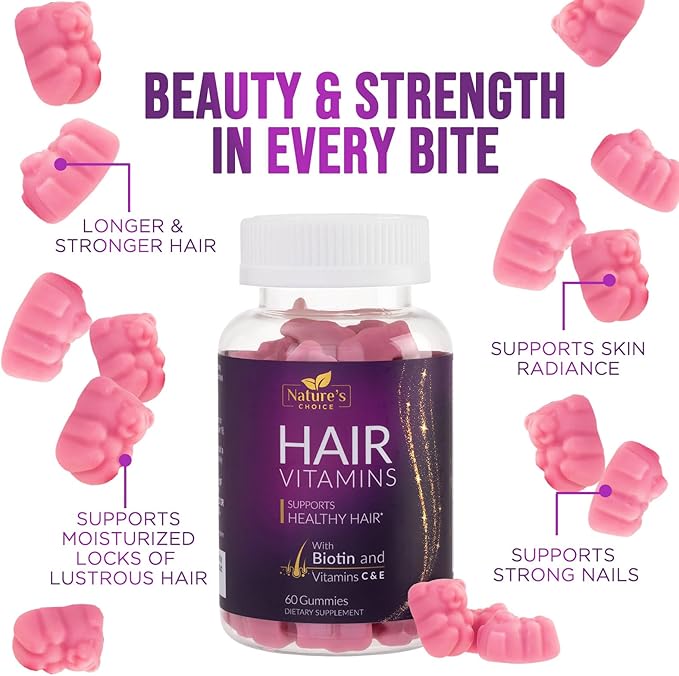 Hair Vitamins Gummies with Biotin 5000 mcg Vitamin E & C Support Hair Growth Gummy, Premium Vegetarian Non-GMO, for Stronger, Beautiful Hair, Skin & Nails, Biotin Gummies Supplement - 60 Gummy Bears