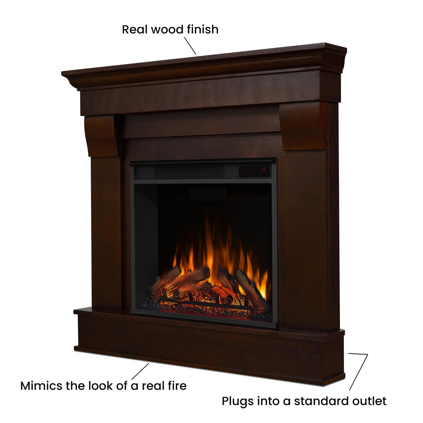 Real Flame Chateau 41" Corner Electric Fireplace with Mantel for Living Room or Bedroom, Replaceable Fireplace Insert Heater, Realistic Log and Flame Effect, Remote Control, Timer.