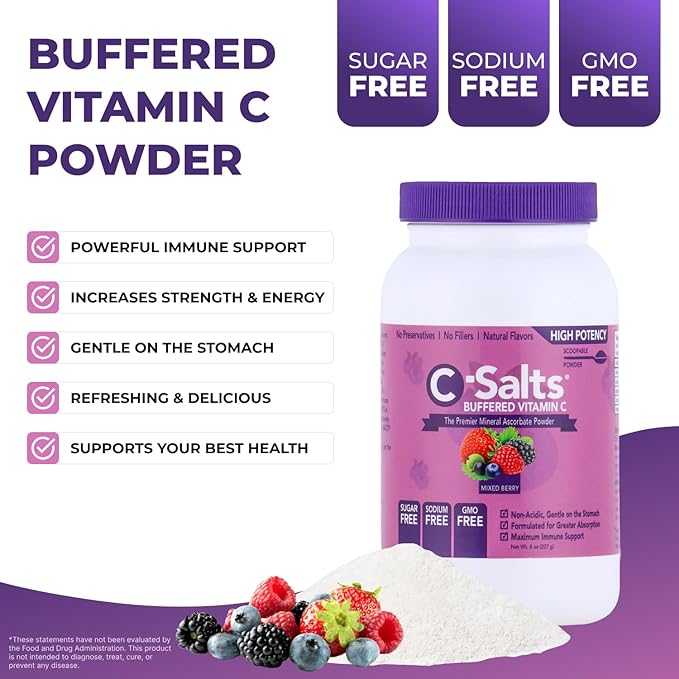 C-Salts Original Vitamin C Powder Supplement - 100% Pure High Dose Buffered Vitamin C Powder for Immune Support - Sugar-Free Powdered Drink Ascorbate, Organic, Stomach-Friendly, Mixed Berry 26oz