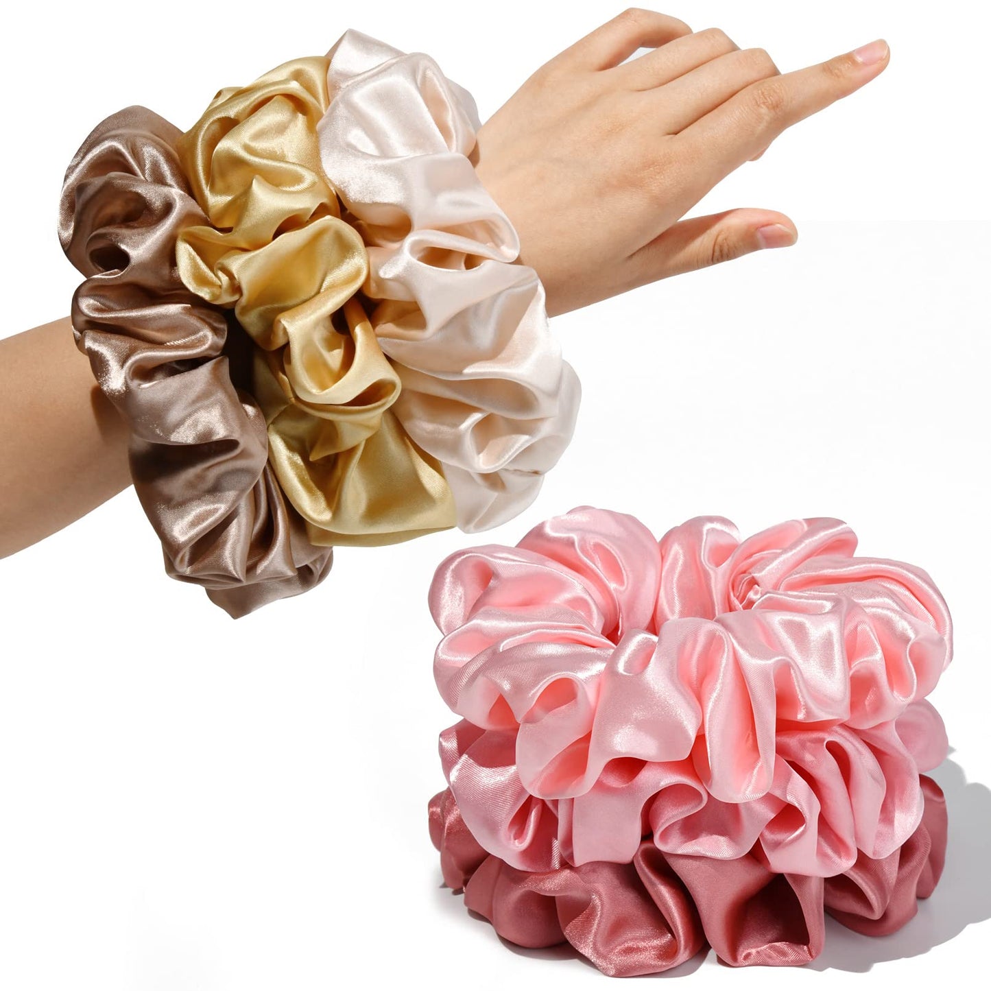 CEELGON Large Silk Satin Scrunchies for Women Big Scrunchies Jumbo Satin Hair Ties Oversized Hair Scrunchies for Thick Curly Hair Pack of 6 (Pink,Champagne,Ivory,Gold)