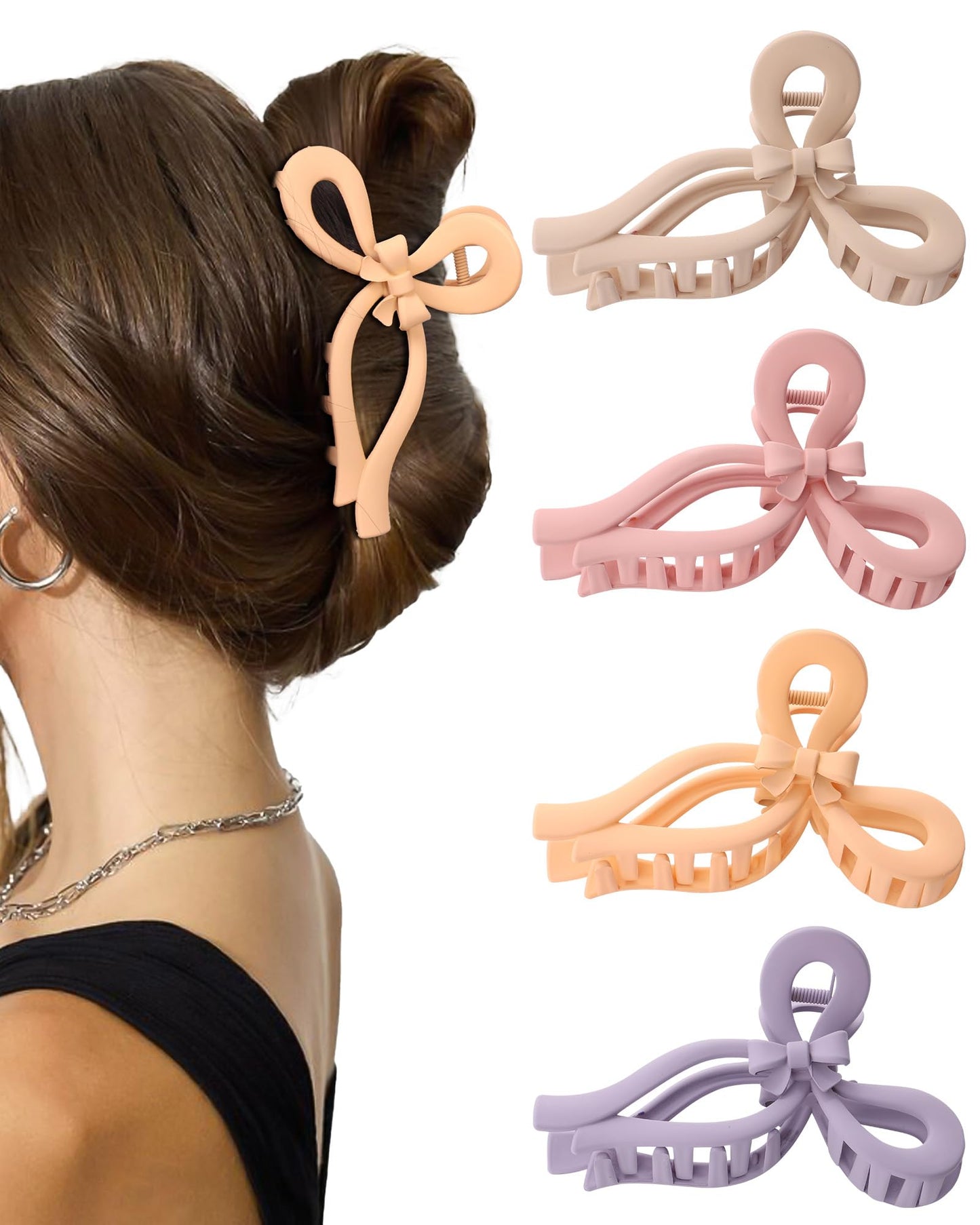 4 PCS Bow Hair Clips for Women Bow Claw Clip 5" Large Hair Claw Clips for Thick and Thin Hair Cute Bows Jaw Clip (Purple + Pink + Orange + Light Brown)