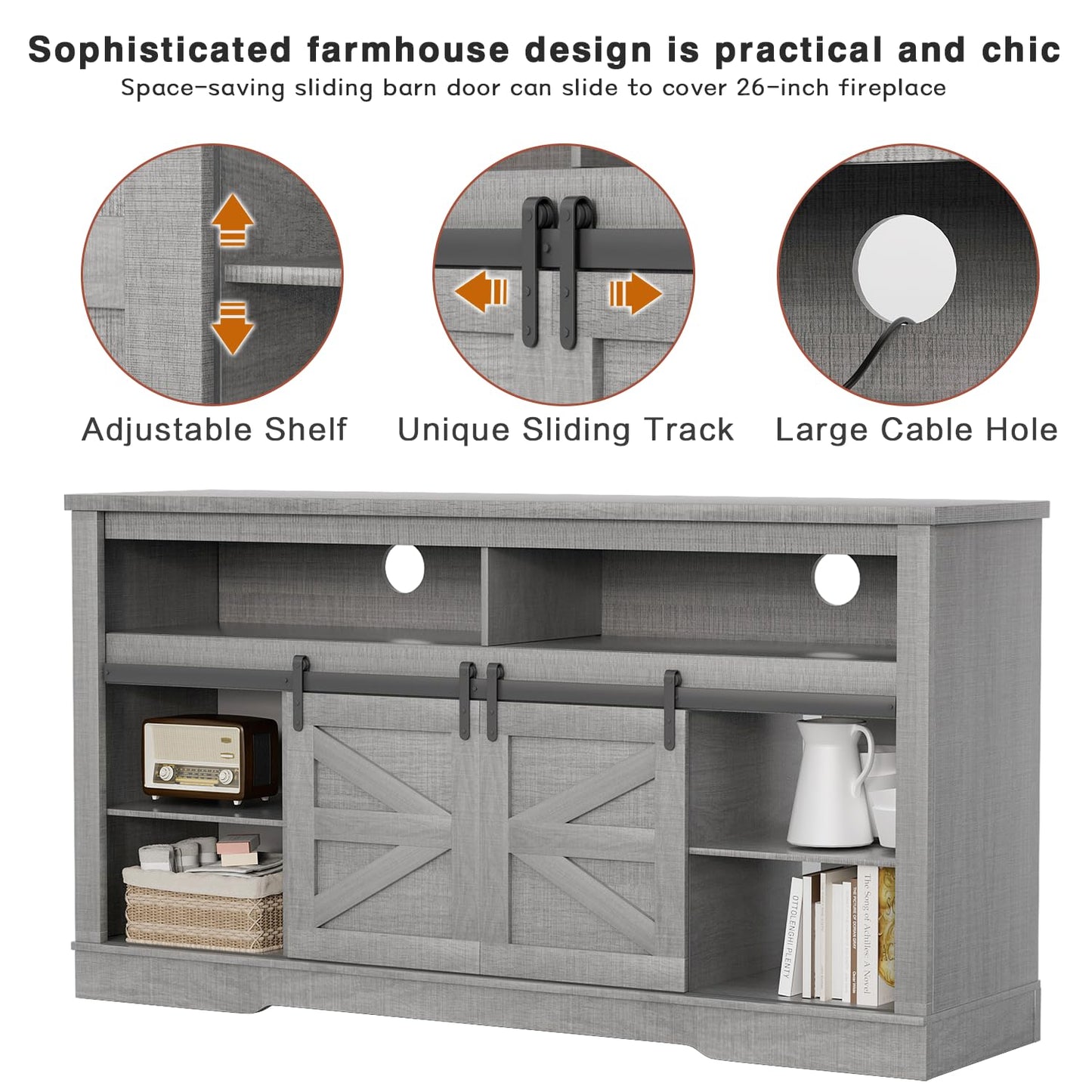 YESHOMY Fireplace TV Stand for Television up to 65+ Inch with Storage and Farmhouse Sliding Barn Doors, Entertainment Center with Cabinet and Shelves, Media Console for Living Room, Gray
