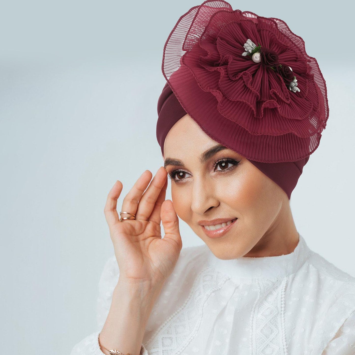 Bohend Flower Turbans Cap Pearl Knot Headwarp Beanie Pre Tied Head Cover Bonnet Women Muslim Stretchy Pleated Headscarf Hat (Polyester, red wine)