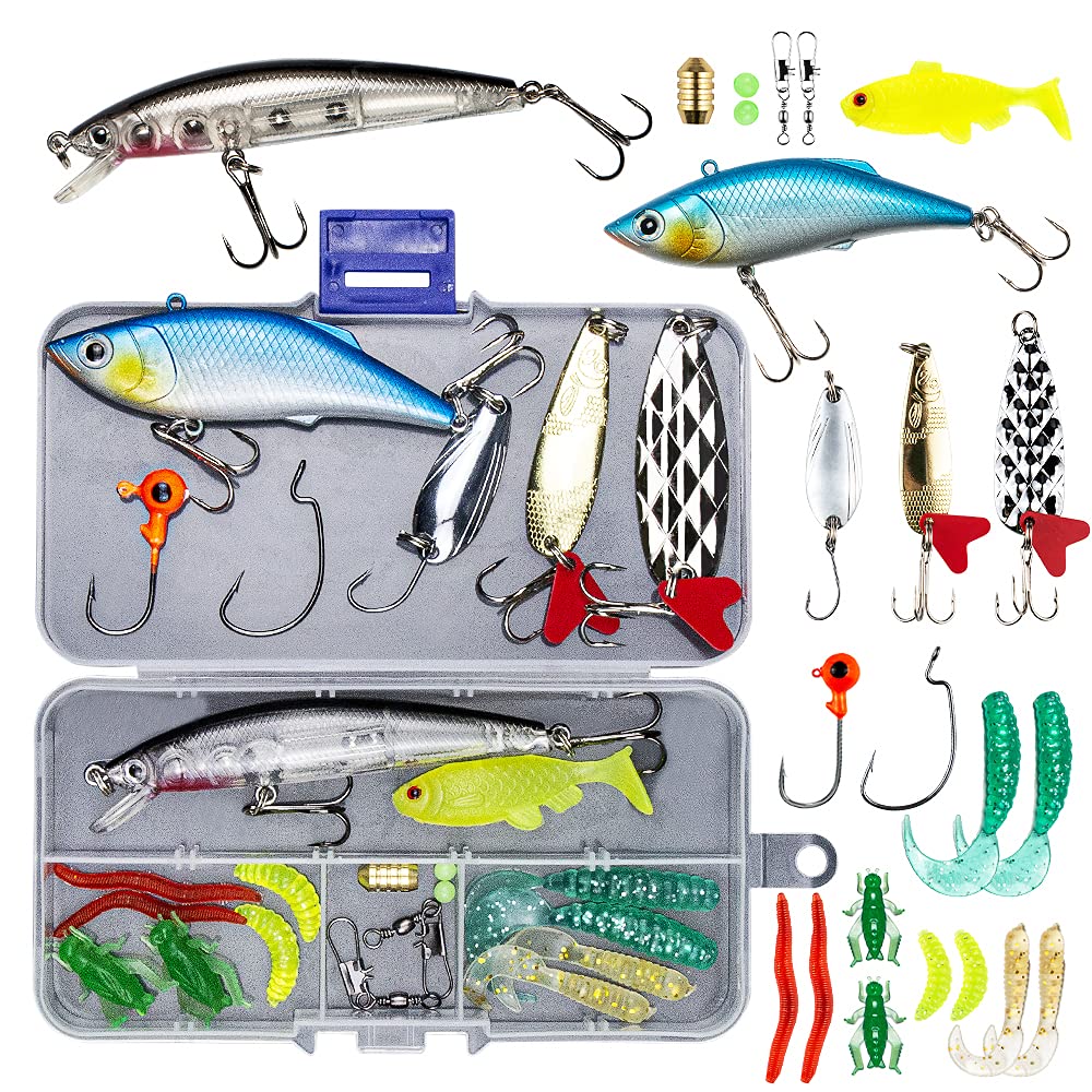 24Pcs Fishing Lures Kit for Freshwater Bait Tackle Kit for Bass Trout Salmon Fishing Accessories Tackle Box Including Spoon Lures Soft Plastic Worms Crankbait Jigs Fishing Hooks Topwater Lures