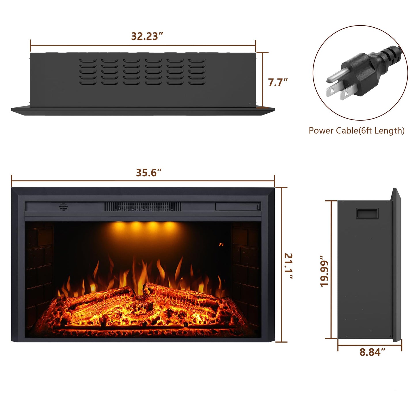 Valuxhome Electric Fireplace, Fireplace Insert with Overheating Protection, 36 Inches Wide 21 Inches High with Fire Crackling Sound, Remote Control, 750/1500W, Black