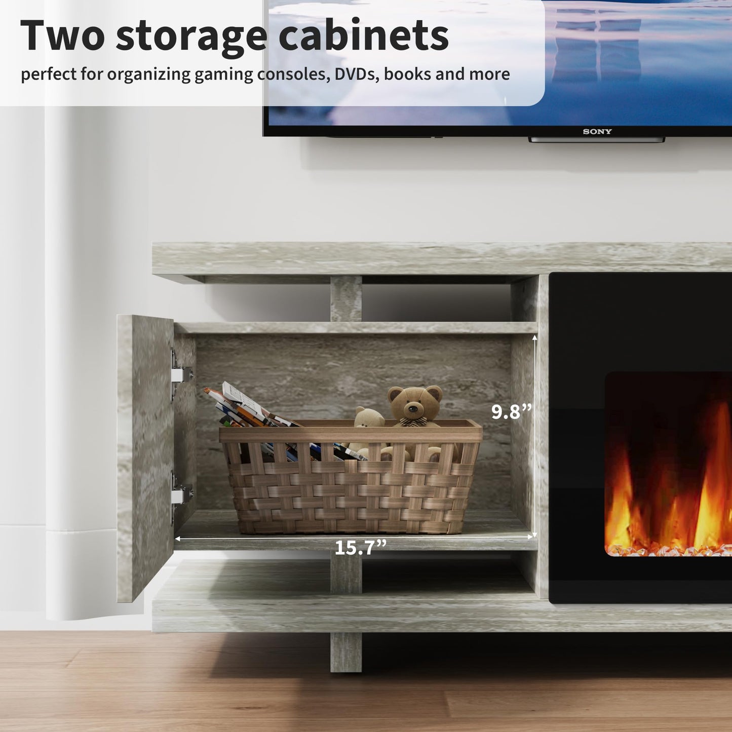 Rresyet Fireplace TV Stand with 36" Electric Fireplace, LED Light Entertainment Center, TV Cabinet for TVs Up to 80", Modern Marble Textured Storage Cabinet, TV Console for Living Room (Travertine)