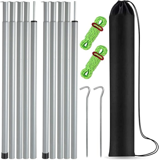 Tent Poles Adjustable Tarp Poles Steel Rods for Tarp Canopy Camping Replacement Set of 2 +Pegs & Reflective Ropes