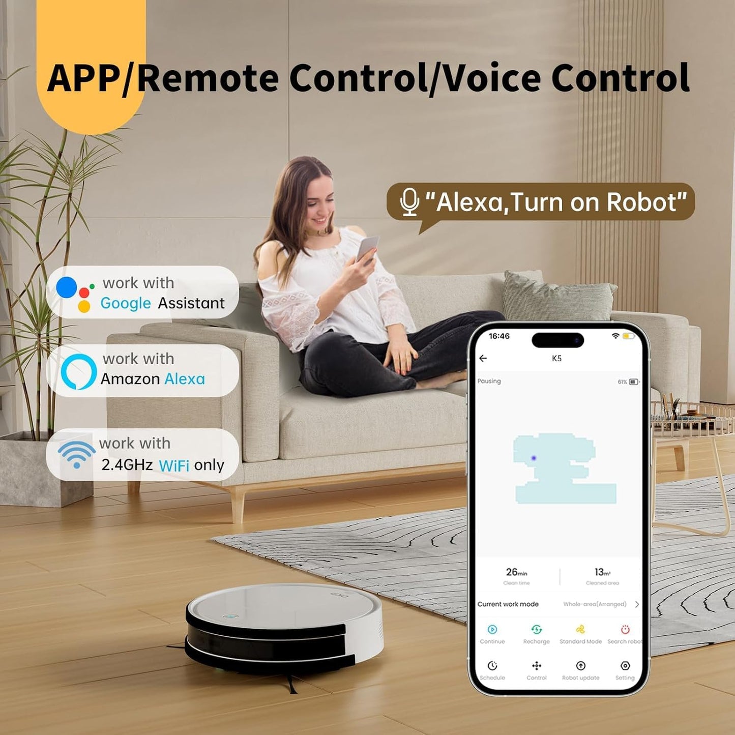 OKP Life Robot Vacuum K5 with 120 Min Runtime, Vacuum Robot Cleaner Compatible with Alexa/APP/Wi-Fi, Self-Charging Super Mini Quiet Robotic Vacuum for Carpets and Hard Floors for Pet Owners and Woman