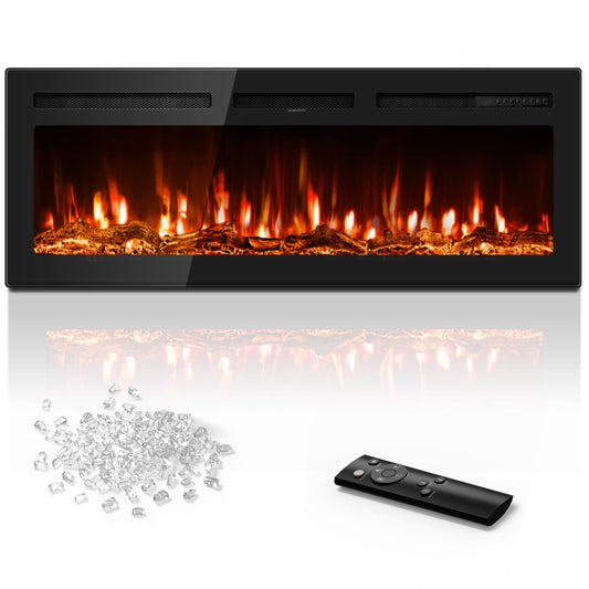 Manastin 50 inch Electric Fireplace in-Wall Recessed and Wall Mounted with Remote Control, 1500/750W Fireplace Heater (60-99°F Thermostat) with 12 Adjustable Color, Timer, Log and Crystal