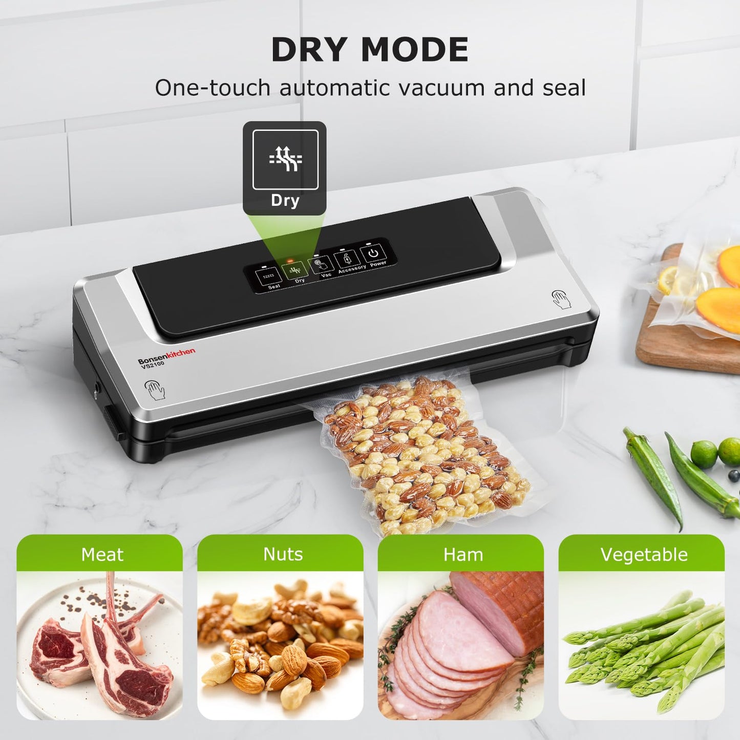 Bonsenkitchen Vacuum Sealer Machine, Fast-Compact Food Sealer, Globefish Technology for High-Speed Continuous Working, Multi-Functional Food Vacuum Sealer with 20 Vacuum Bags & 2 Roll Bags, Silver