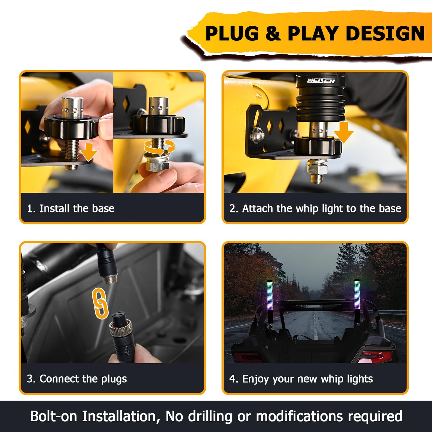 WeiSen 2PCS 1FT Fat COB Whip Light w/Brake Turn Reverse Light, Spiral RGB Chasing Lighted Whips with Plug & Play Rocker Switch Compatible with Polaris RZR Ranger Maverick X3 UTV ATV