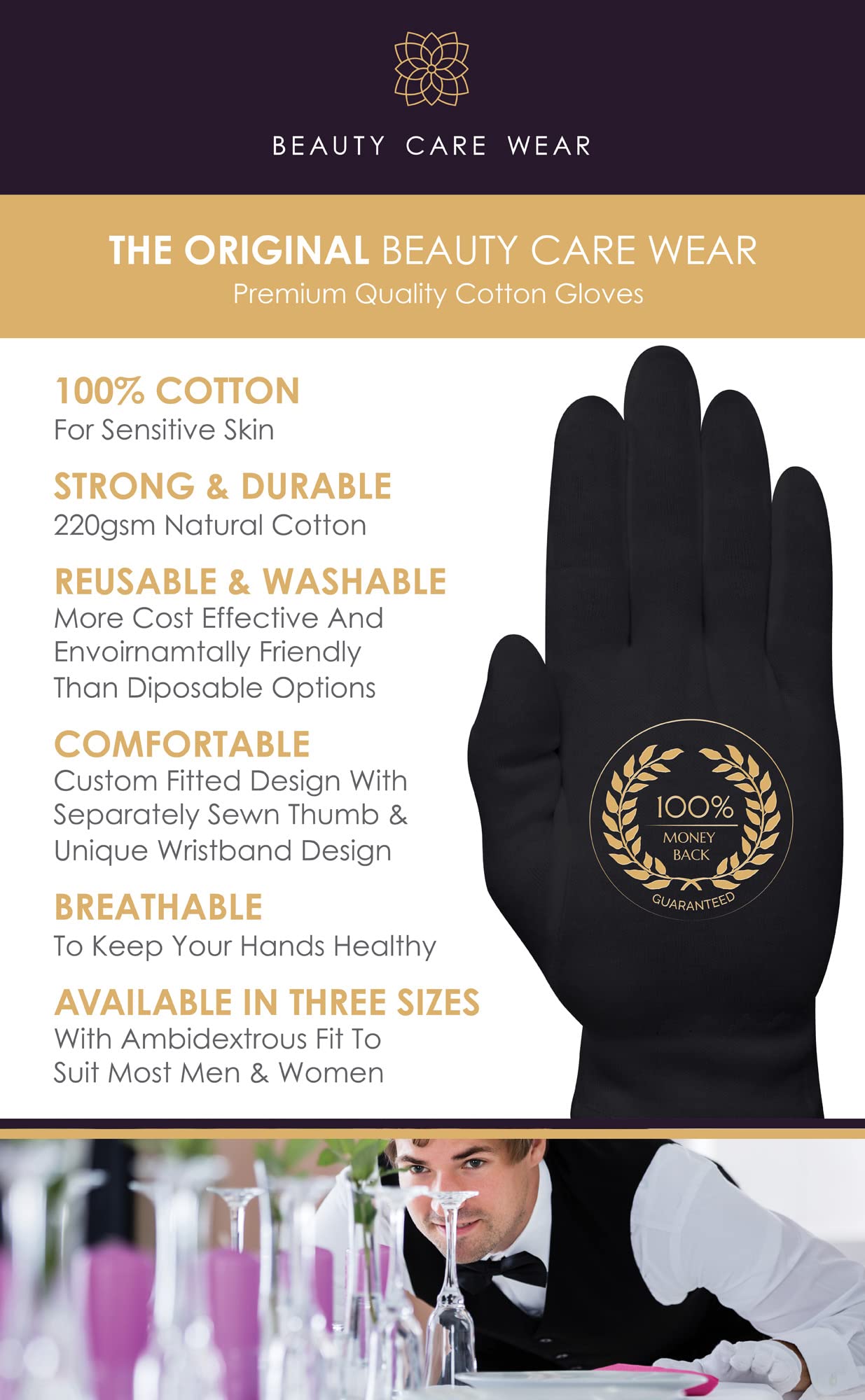 Black Large Cotton Gloves (10 Pair) - Eczema, Dry Hands Relief, Spa & Sleeping Gloves