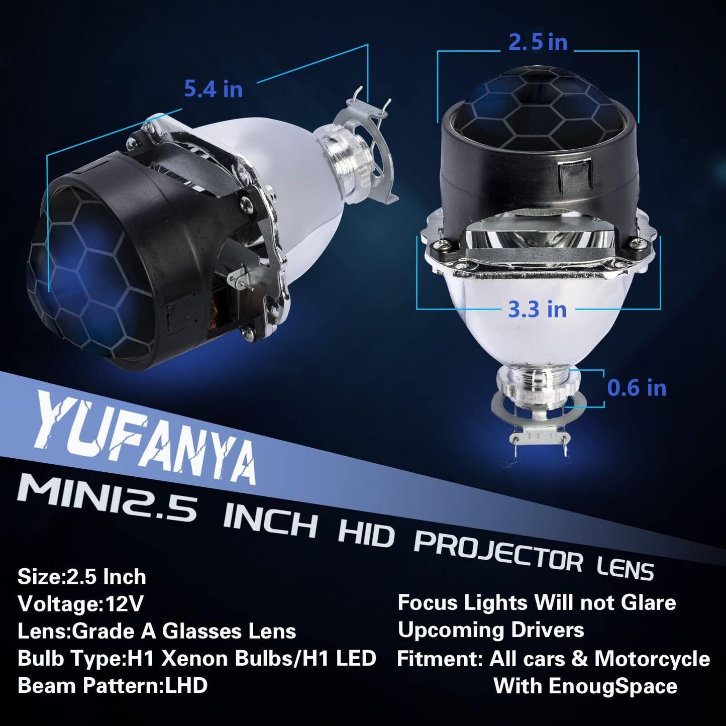 YUFANYA 2.5 inchs Honeycomb Blue Lens,Mini Bi-xenon Projector Lens with 3.0inch RGB Shrouds Decoration,Universal for H1 H4 H7 9005 9006 Vehicle Motorcycle (Sliver)