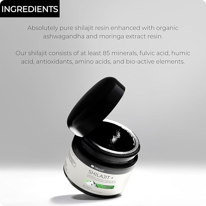Blisque - Pure Himalayan Organic Shilajit Resin Supplement | with Organic Ashwagandha and Moringa | Authentic and Natural | Golden Grade A | Contains Fulvic Acid and Trace Minerals | 60 Grams