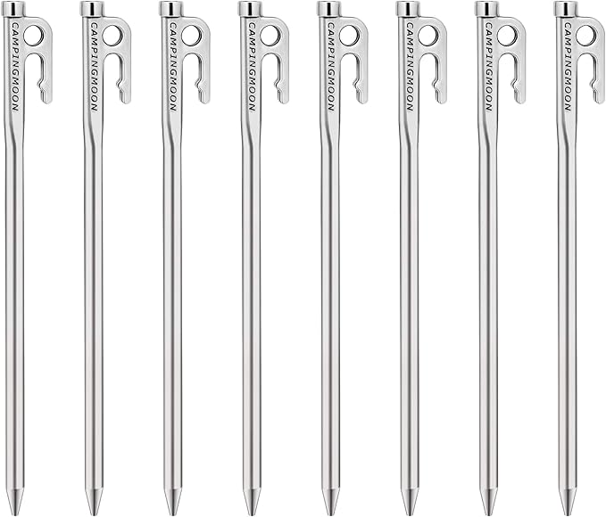 CAMPINGMOON Tent Stakes 10.2-inch 8pcs Martensitic Stainless Steel 420J2 Hardened Forged Power Peg Ideal for Hard Ground R-26-8P