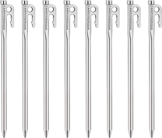 CAMPINGMOON Tent Stakes 10.2-inch 8pcs Martensitic Stainless Steel 420J2 Hardened Forged Power Peg Ideal for Hard Ground R-26-8P
