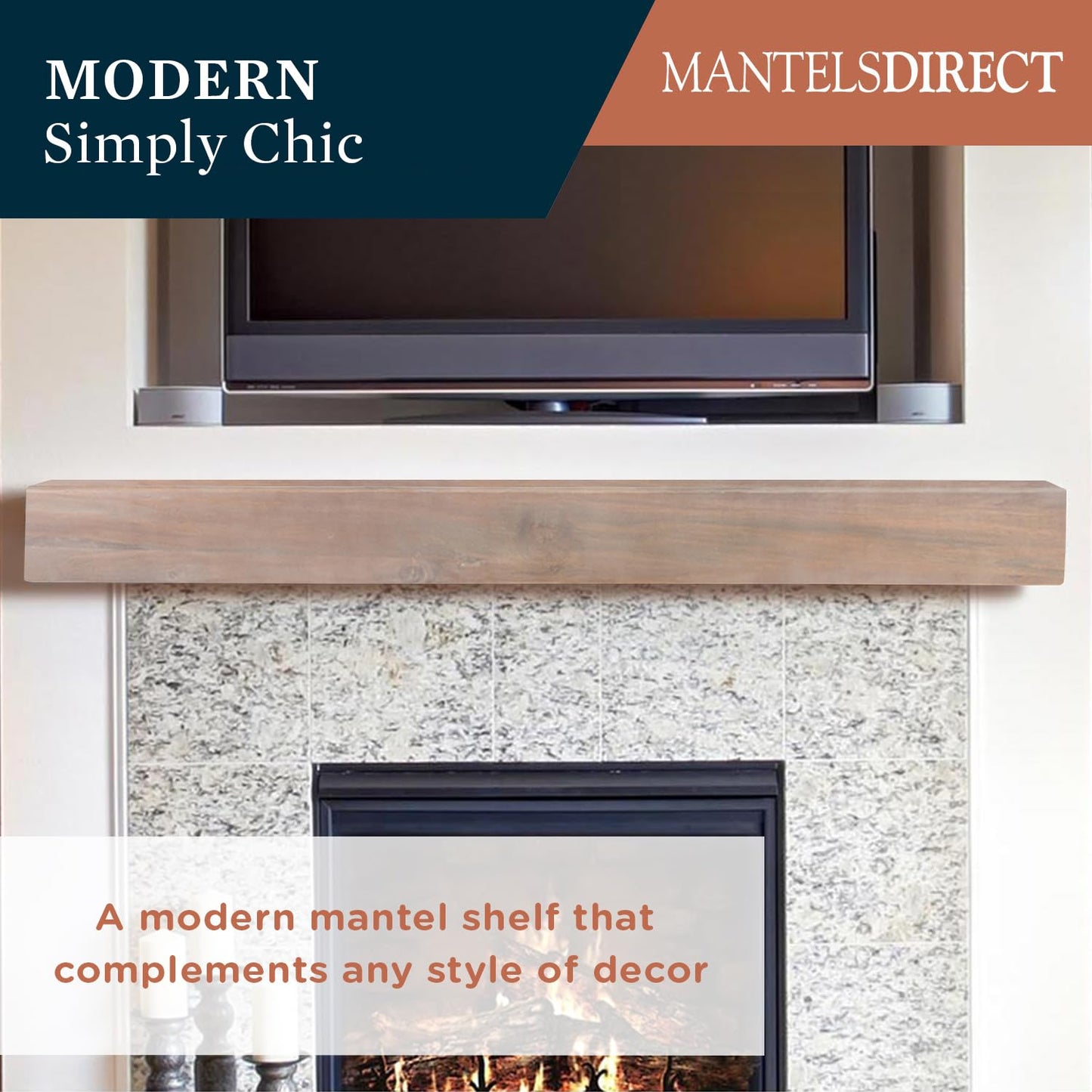 MANTELSDIRECT 48 Inch Floating Fireplace Mantel Wood Shelf in White Wash - Austin from Mantels Direct | Wooden Rustic Wall Shelf Perfect for Décor and Electric Fireplaces