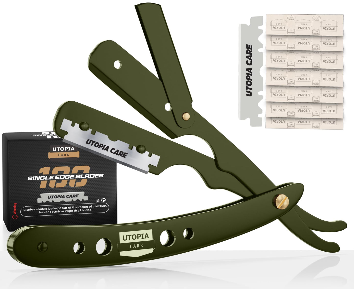 Utopia Care Professional Barber Straight Edge Razor Safety With 100-Pack Blades - 100 Percent Stainless Steel (Green)