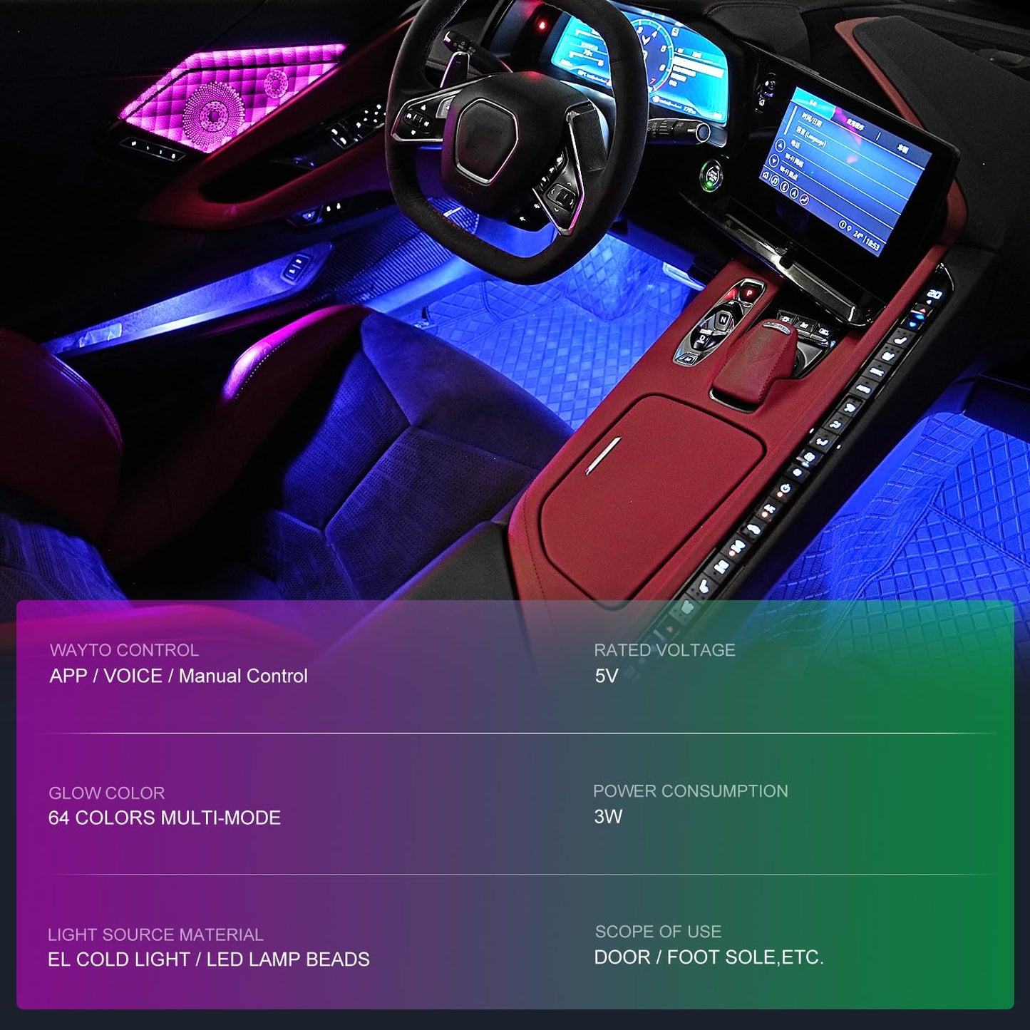 Bracingo Door Speaker Relays Cover Trim w/Neon Accent Lights fit for C8 Corvette 2019-2024,LED Ambient Foot Lights,Atmosphere Door Storage Box Lamps,Voice APP Button Switching Control,RGB