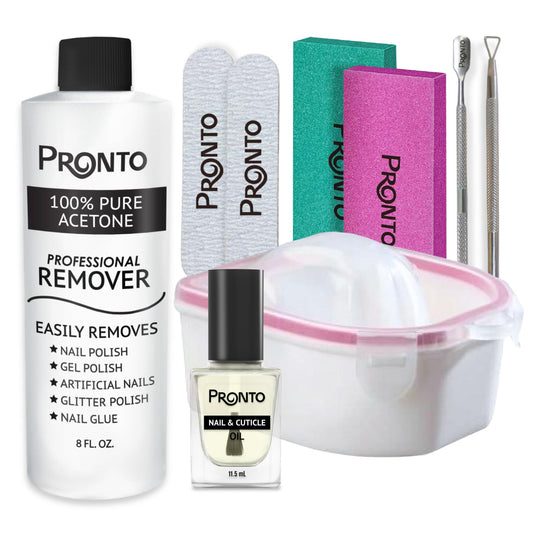 Pronto Gel Nail Polish Remover Kit – 8 Oz Pure Acetone 100 Percent, Nail File, Nail Polish Soak Off Bowl, Cuticle Oil for Nail Care + Manicure Set with Nail Buffer Block, Cuticle Pusher & Nail scraper