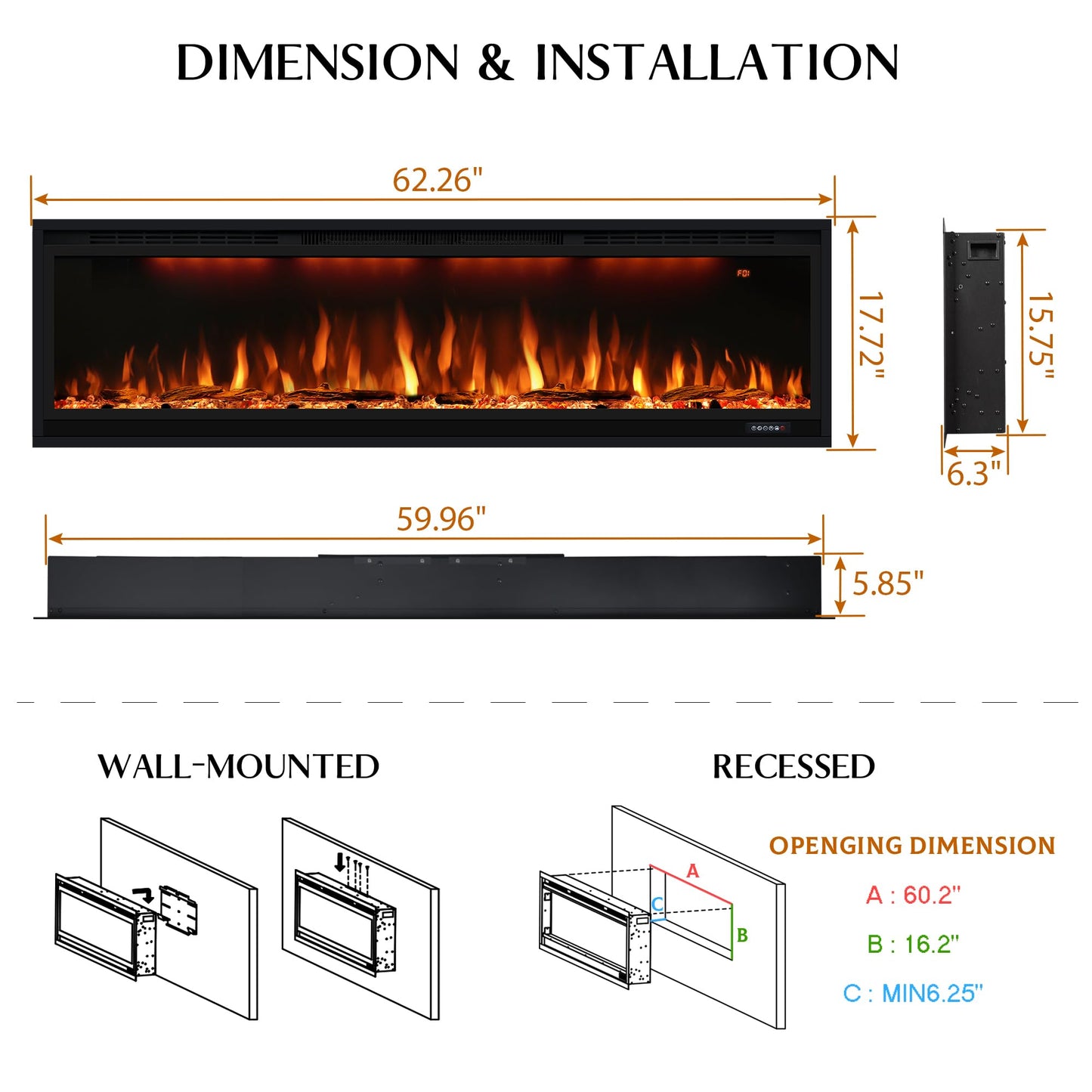 60 inch Smart Linear Electric Fireplace, Recessed and Wall Mounted Fireplace Inserts with Remote Control, Adjustable Flame Color, Lights, Temperature, Overheating Protection& Timer, 750W/1500W, Black