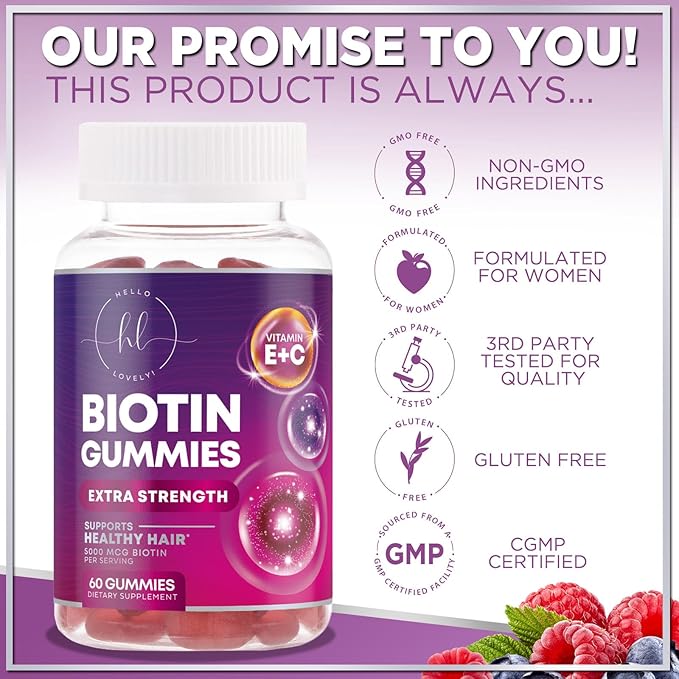 Hair Vitamins Gummy with Biotin 5000 mcg, Hair Growth Support with Vitamins E & C, Non-GMO & Gluten Free, Thicker, Stronger & Beautiful Hair, Skin & Nails, Hair Vitamin for Women & Men - 60 Gummies