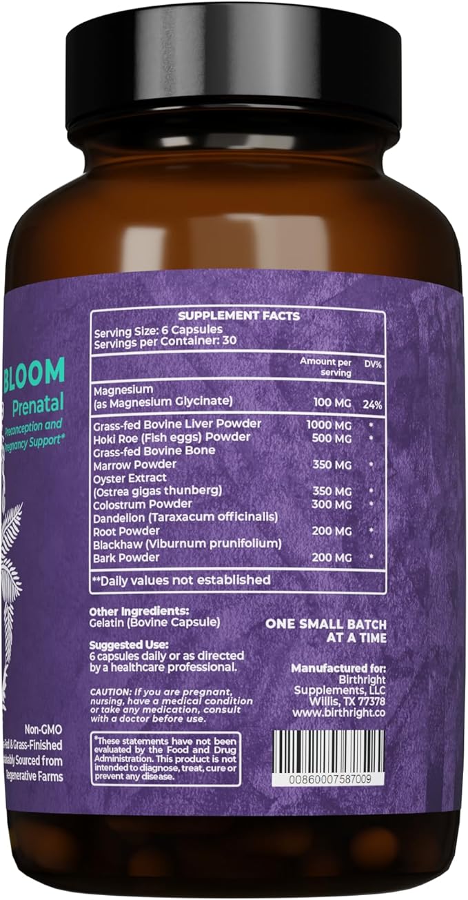 Birthright Complete Prenatal Supplement for Fetal Development… Folate, Choline + DHA, from Grass Fed Liver, Fish Eggs, Colostrum, Bone Marrow, with All Natural Herbal Blend Bloom