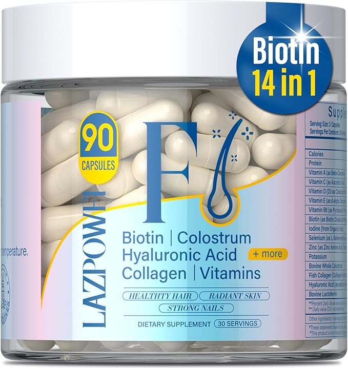 Hair Skin and Nails Vitamins, Biotin with Bovine Colostrum, Collagen & Vitamin A, B6, C, D, E, Supports Healthy Hair, Nails & Skin for Men and Women-042