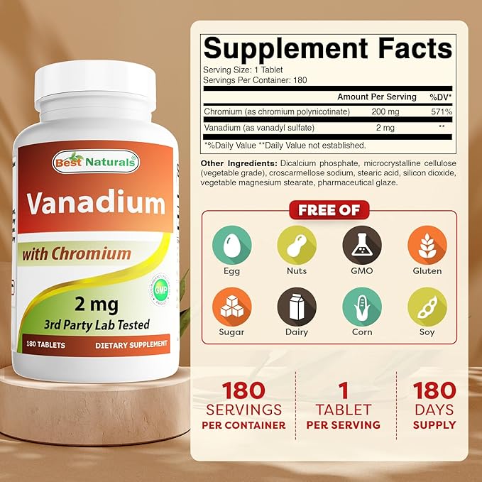 Best Naturals Vanadium 2 mg with Chromium Polynicotinate 200 mcg 180 Tablets