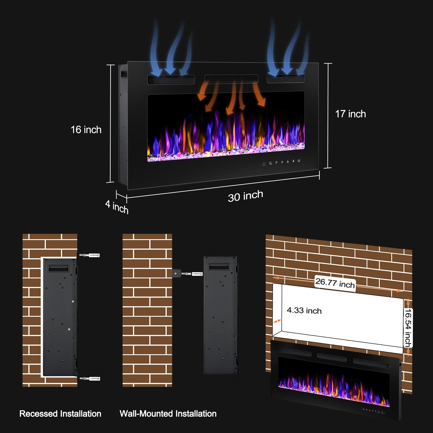 BETELNUT 30" Electric Fireplace Wall Mounted and Recessed with Remote Control, 750/1500W Ultra-Thin Wall Fireplace Heater W/Timer Adjustable Flame Color and Brightness, Log Set & Crystal Options