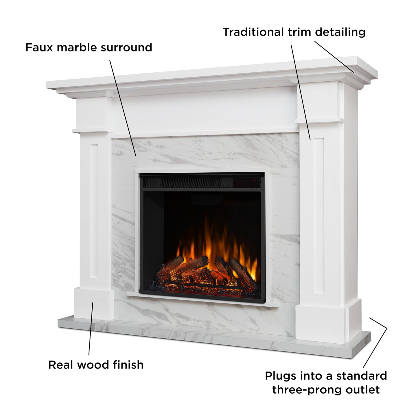 Real Flame Kipling 54" Electric Fireplace with Mantel for Living Room or Bedroom, Replaceable Fireplace Insert Heater, Realistic Log and Flame Effect, Remote Control, Timer, White with Faux Marble