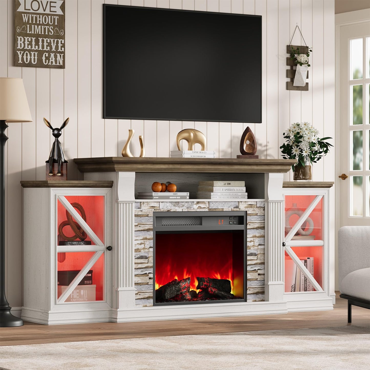 QUW Electric Fireplace TV Stand, 70" Farmhouse Entertainment Center with Open Shelf and Glass Barn Door Cabniet, Modern TV Console Table with 7 Flame Colors for Living Room, Antique White