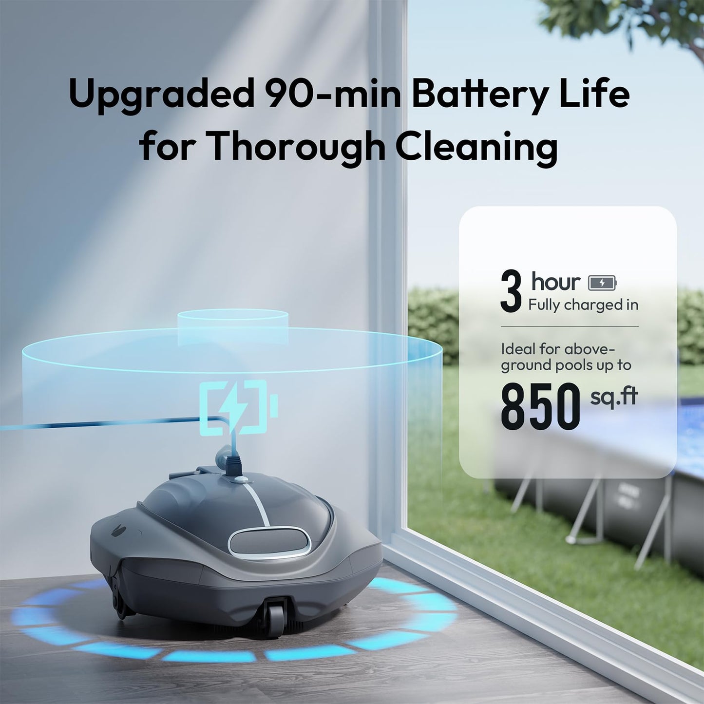 BUBLUE Bubot 300P Pool Vacuum, Cordless Robotic Pool Cleaner with Superior Suction Power, Bluehole Suction, DirtLock 2.0, Auto-Parking for Above-Ground Flat Pools up to 850 Sq.Ft, Space Gray