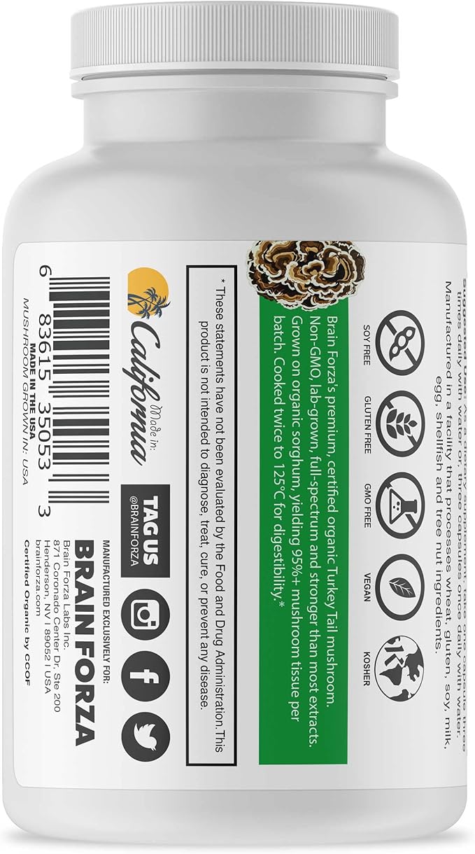 Brain Forza Organic Turkey Tail Mushroom Capsules, Mushroom Powdered Immune Support, Liver and Digest Health Support, Organic Defense Support, Non-GMO, Vegan, Organic, 90 Capsules